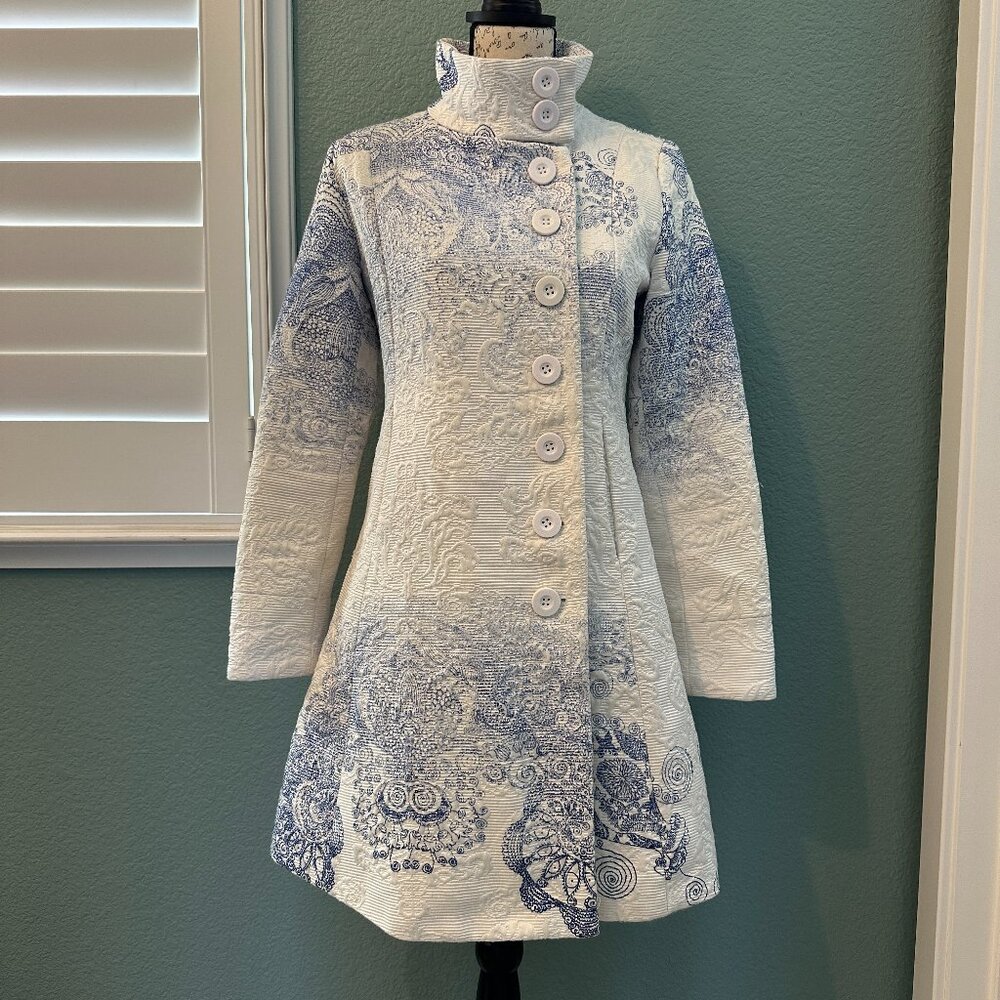Desigual Womens Coat Susi Kaban White with Blue Pattern EU Size 36